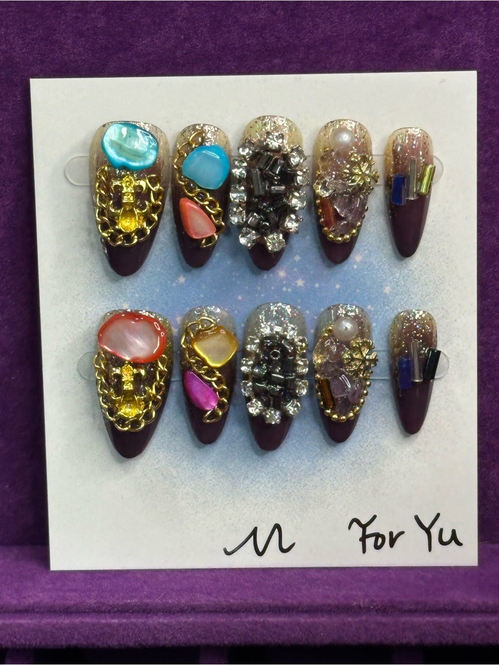 Handmade Luxury Embellished Press-On Nail Set — Purple with Multicolor Gems